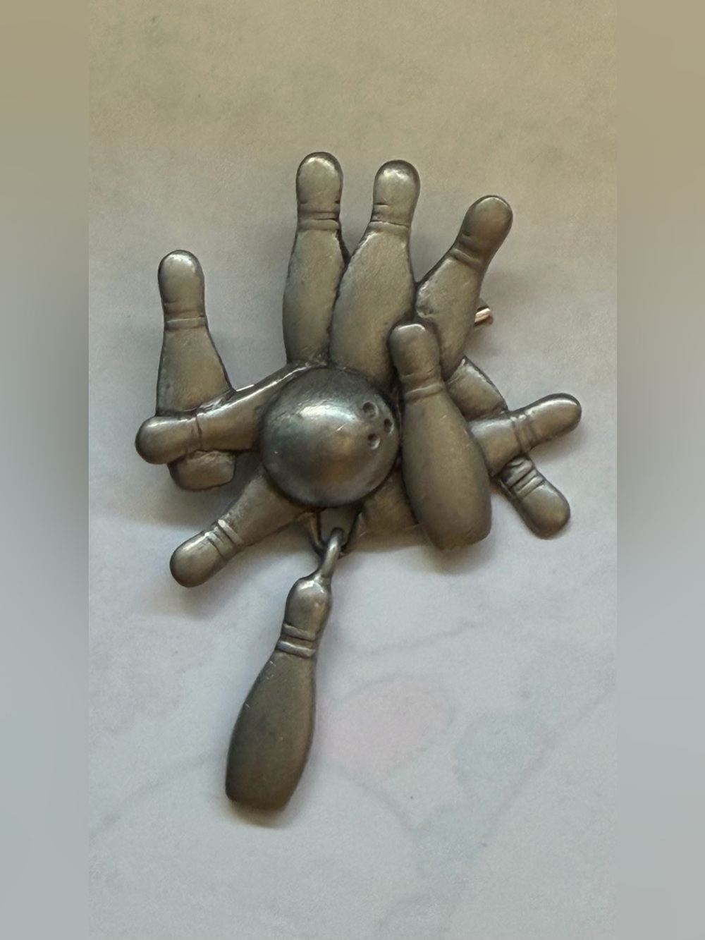 Bowling Pin and Ball Statement Pin - Antique Silver Tone